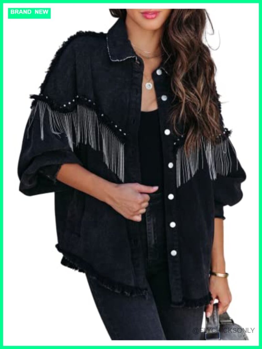 Oversized Fringe Denim Jacket Crystal Tassel Western Cowgirl Coat